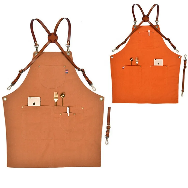 
Double-sided cotton linen apron kitchen restaurant custom logo barista overalls leather shoulder strap tool pocket apron 