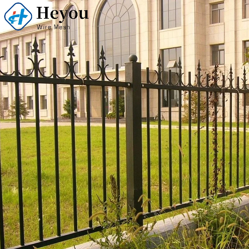 Customized Outdoor Garden Iron Picket Fence Zinc Steel Metal Fencing With Post Caps