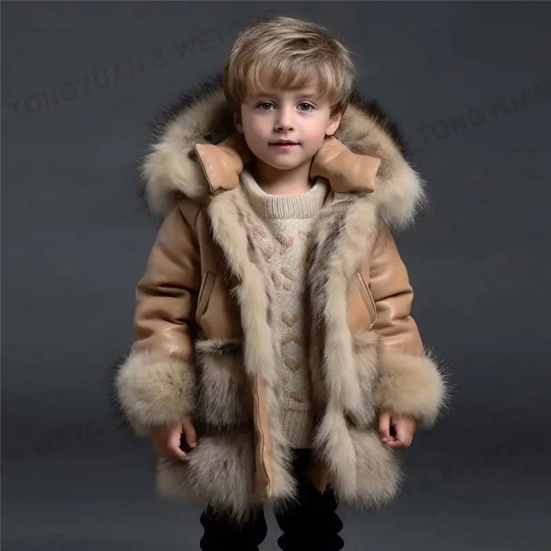 Custom Apparel 2023 Hot Sale Warm Trench Coat Children Hooded Kids Real Fur Winter Coats