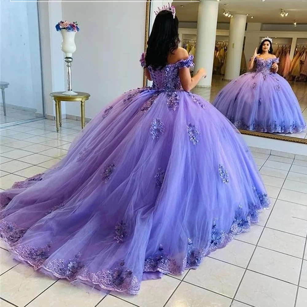 QD1636 Purple Quinceanera Dresses Ball Gown Vestidos Formal Party Wear De 15 Anos Birthday Off Shoulder Appliqued Tulle Vintage