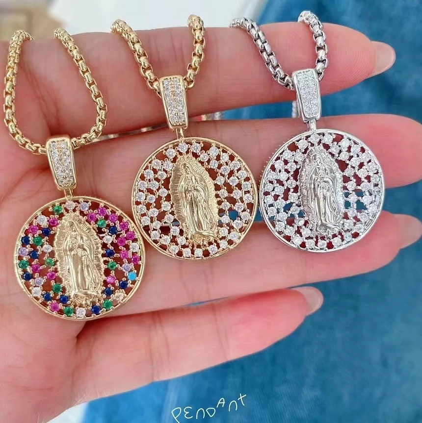 Coin Shape Gold Plated Multi color zirconia paved Virgin Mary medallion Charm Pendant Necklace Religious Christian necklace