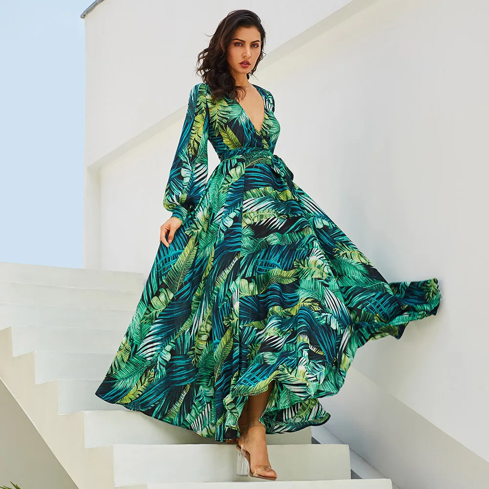 H200 Lantern Sleeve Beach Summer Green Vintage Chiffon Maxi Dresses Robe V Neck Floral Bohemian Ruffle Elegant Sun Long Dress