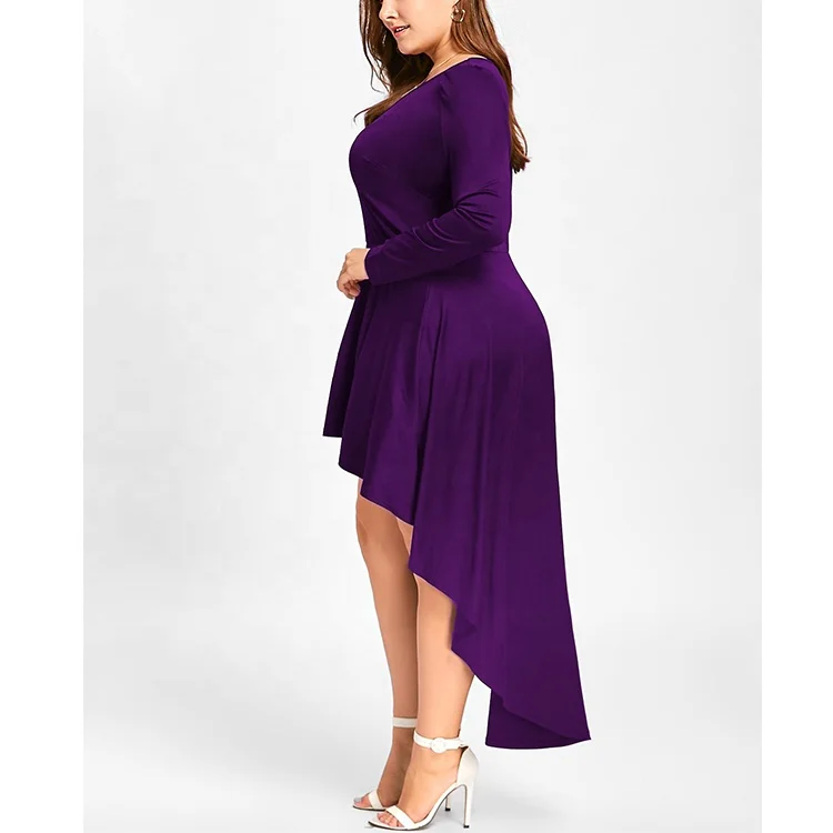 Fashionable Plus Size Sexy Lady Long Sleeve Evening Party Dresses V-neck Tea-lengthpleat Ruched Women Dress
