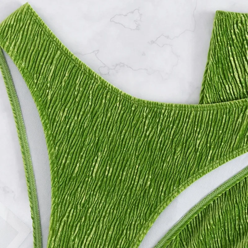 2023 Bikini New Fashion Sexy Pleated Material Green Micro Bikini with Mini Skirts 3-Piece Swimsuit Drawstring Beach Wear