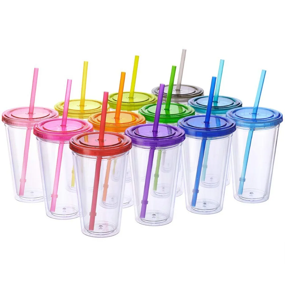 Wholesale New Double Plastic Straw Cup  PVC Pattern Coffee Cup With Cover Cup