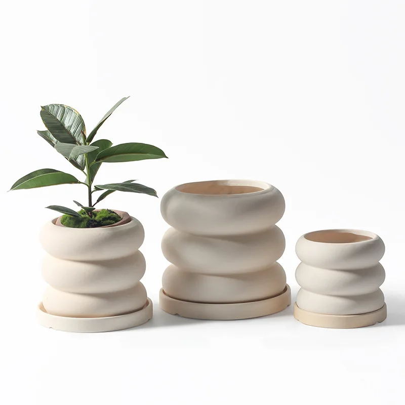 Wholesale Custom White Stacked Ring Bubble Spiral Circle Round Rolls Stacking Ceramic Planter Flower Pot with Drainage