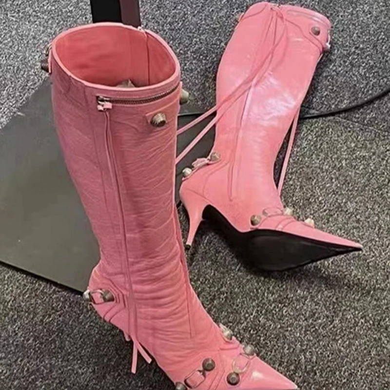 Support OEM/ODM women sewing thread rivets tassel buckle leather stiletto high heels side zip knee high boot custom pointy