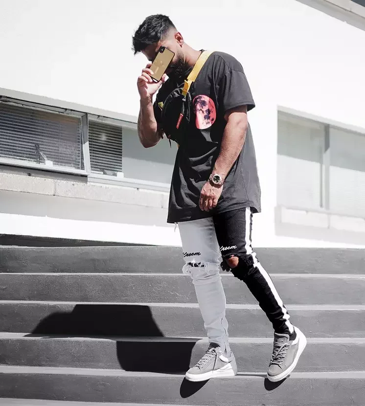 Fashion two tone slim fit distressed hip hop pants high street stretch skinny ripped custom denim jeans for men