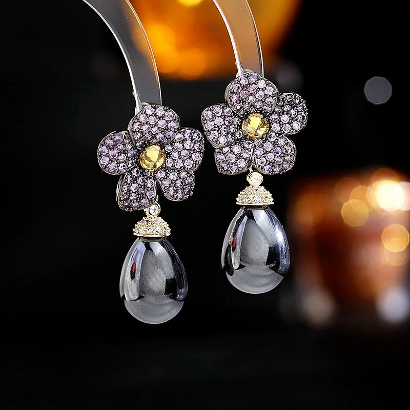 Fashion Jewelry Earrings Luxury Elegant Cubic Zirconia Flower Pearl Dangle Earrings for Women