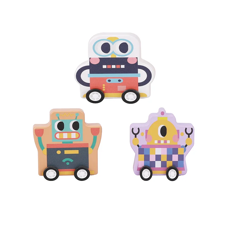 UDEAS Robots Family Wooden Mini Pull Back Toy Car for Baby Toddler Early Education
