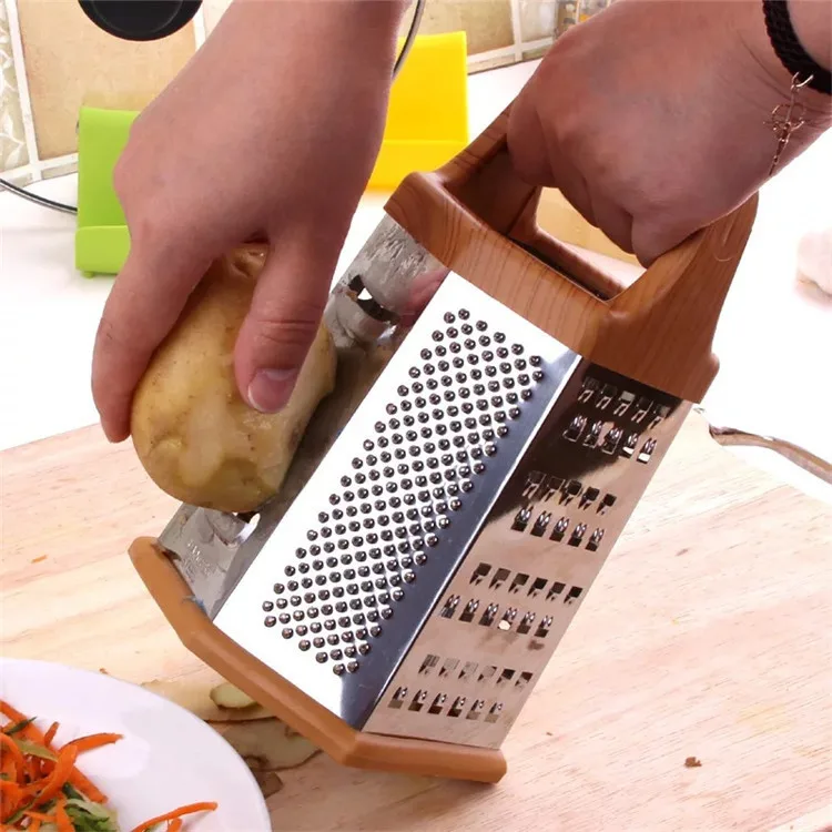 Wholesale Grain of wood Handle Stainless Steel Grater 6-Sides Non-Slip Cube Cheese Grater Vegetable For Kitchen