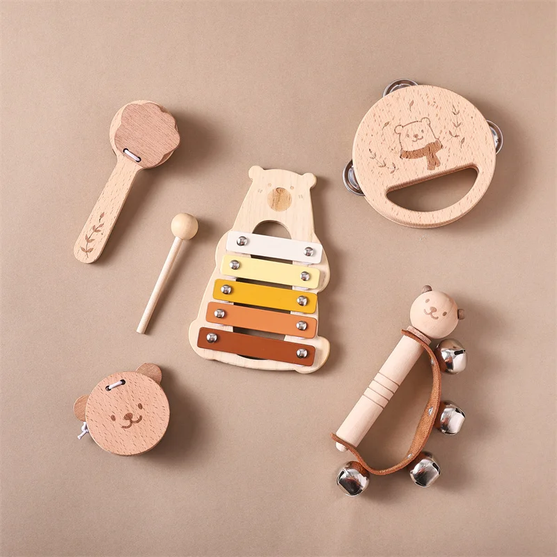 Set of 5 Bear Music Instruments Wood Percussion Piano Combination Educational Toy for 2 to 4 Years