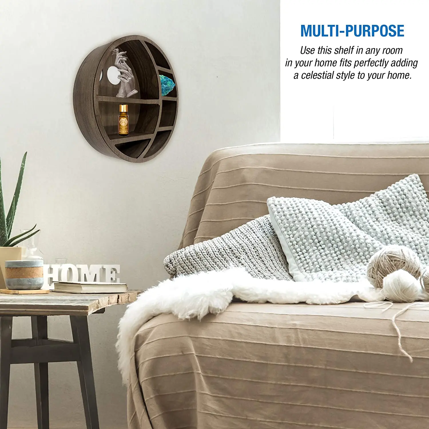 Floating Wooden Moon Shelf for Crystals Essential Oil Display