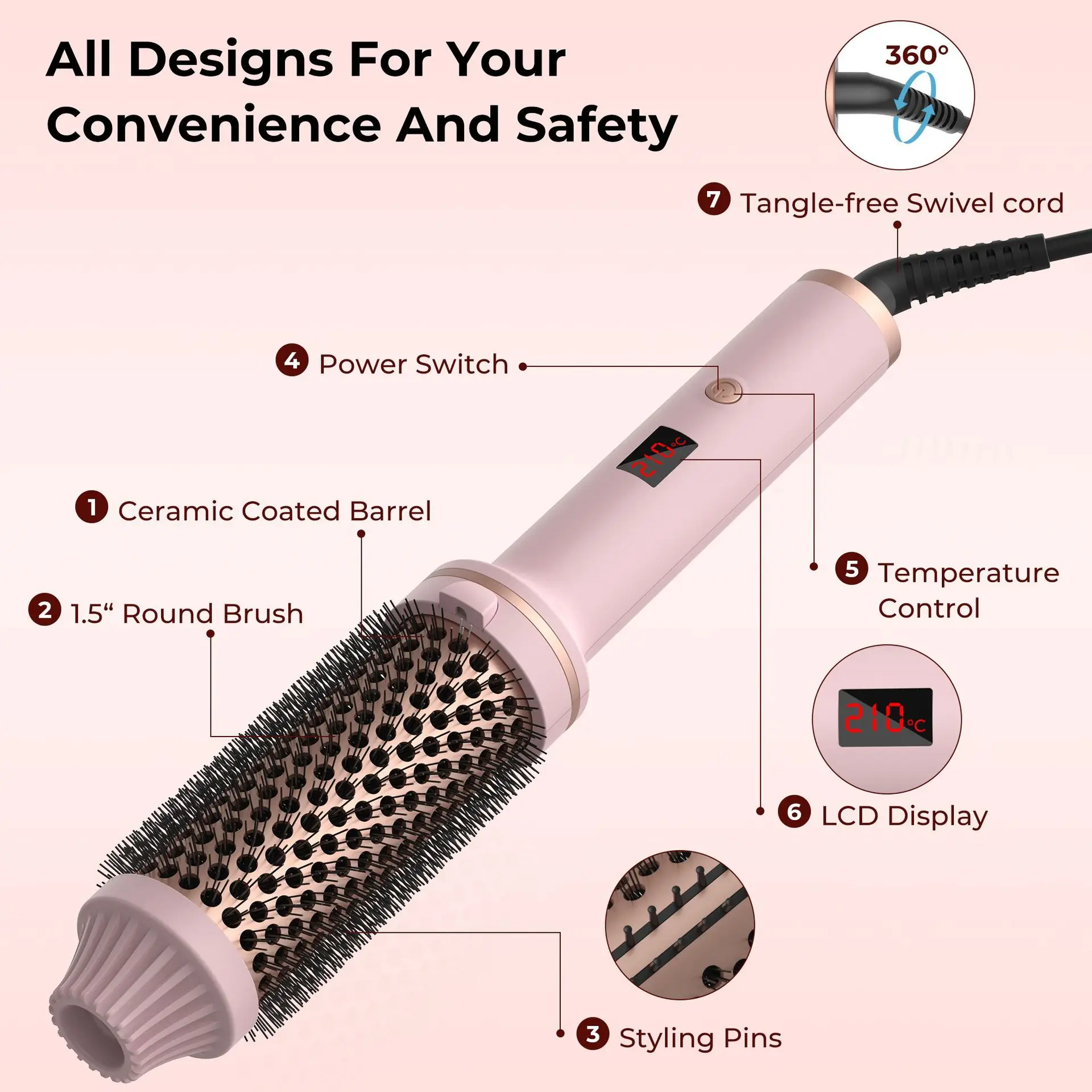 Adjustable Temperature Pink Electric Hair Curl Hot Tools 360 degree Rotating Multitudet Hair Dryer Brush Round Volumizing Brush