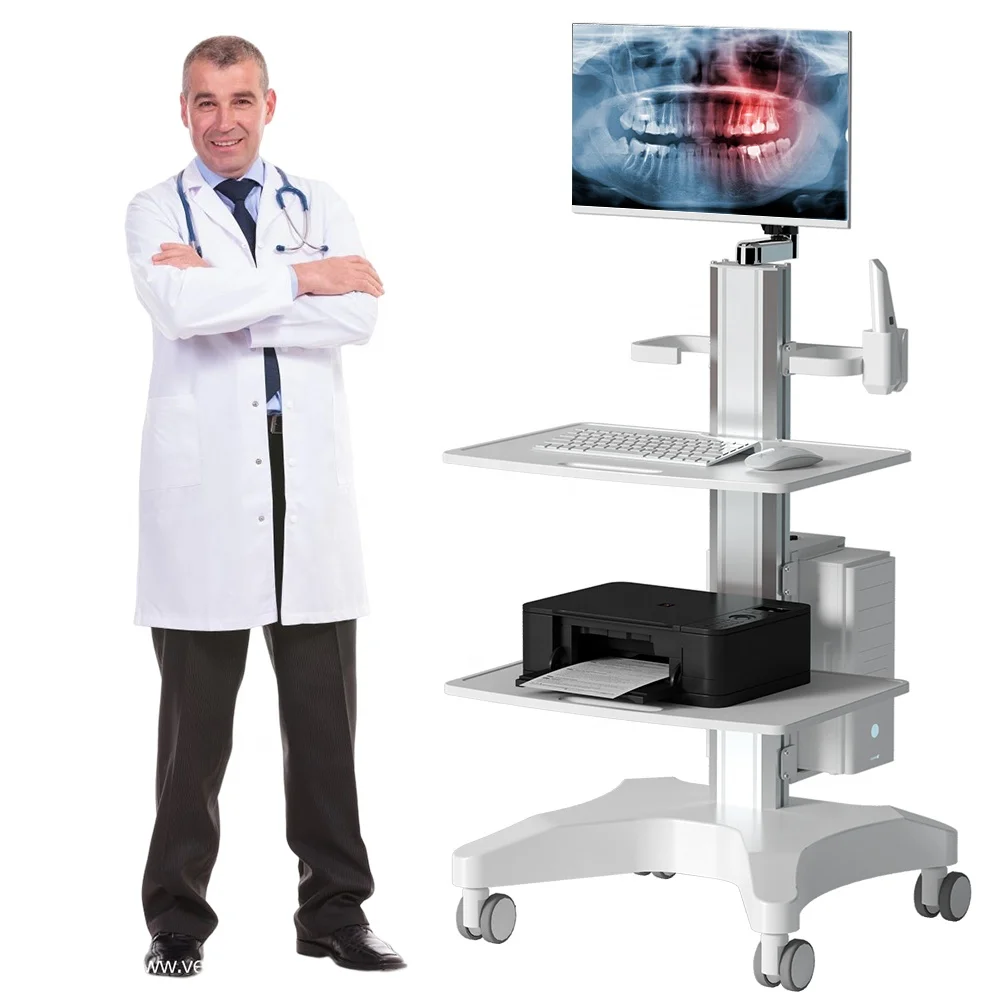 Wholesale Price Hospital Furniture Medical Cart with Oral Scanner Computer Laptop and 2 tray for Clinic