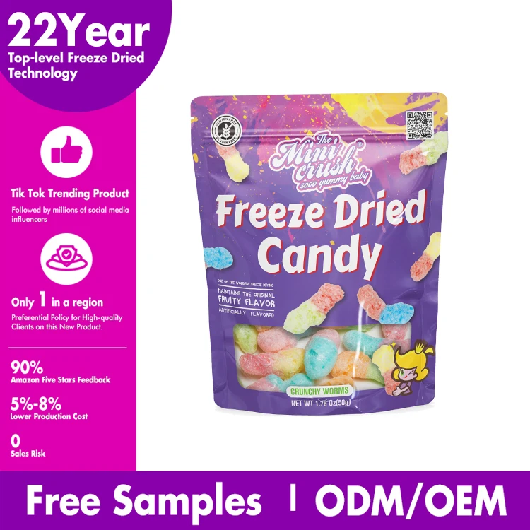 Crunch Candies Sour Gummy Worms Fruity Flavored Freeze-Dried Sweet and Sour Confectionery in Bag Packaging