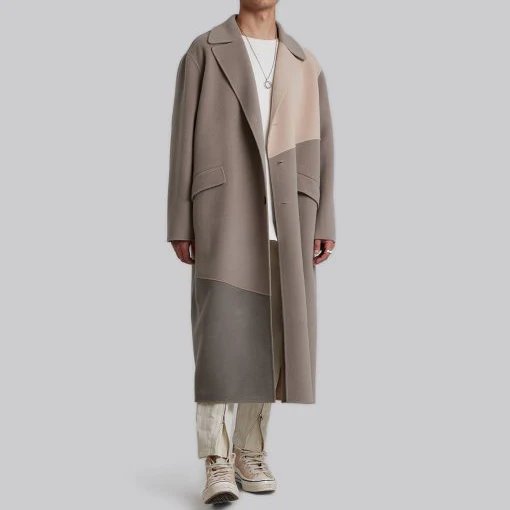 high quality custom trench coat men button long sleeve wool winter color block men trench long coat