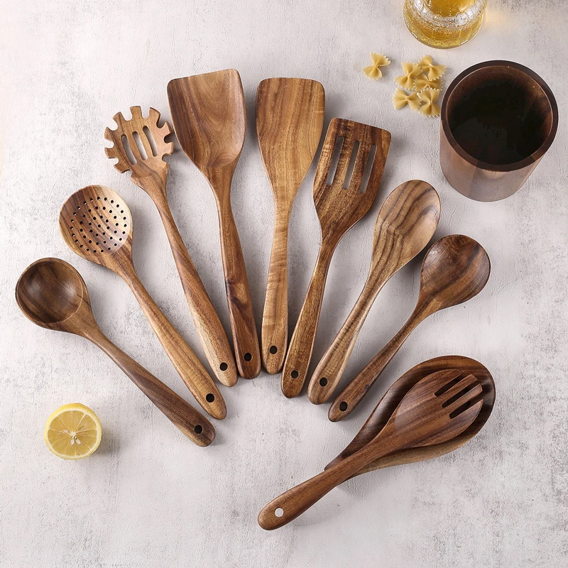 Manjia Wooden Spoons for Cooking Natural Wood Kitchen Utensils Set Spatulas Strainer Serving Spoon Salad Spoon Soup Ladle