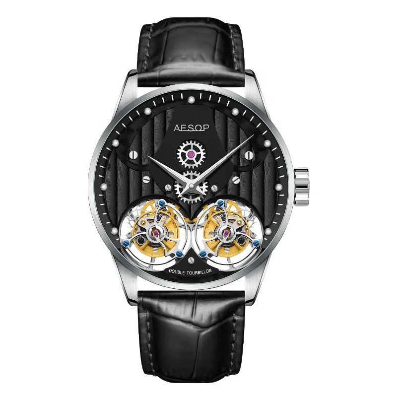 Custom Lower MOQ Full Black Oil Pressure Gear Dial Hand Winding Movement Sapphire Mechanical Double Tourbillon Wristwatch