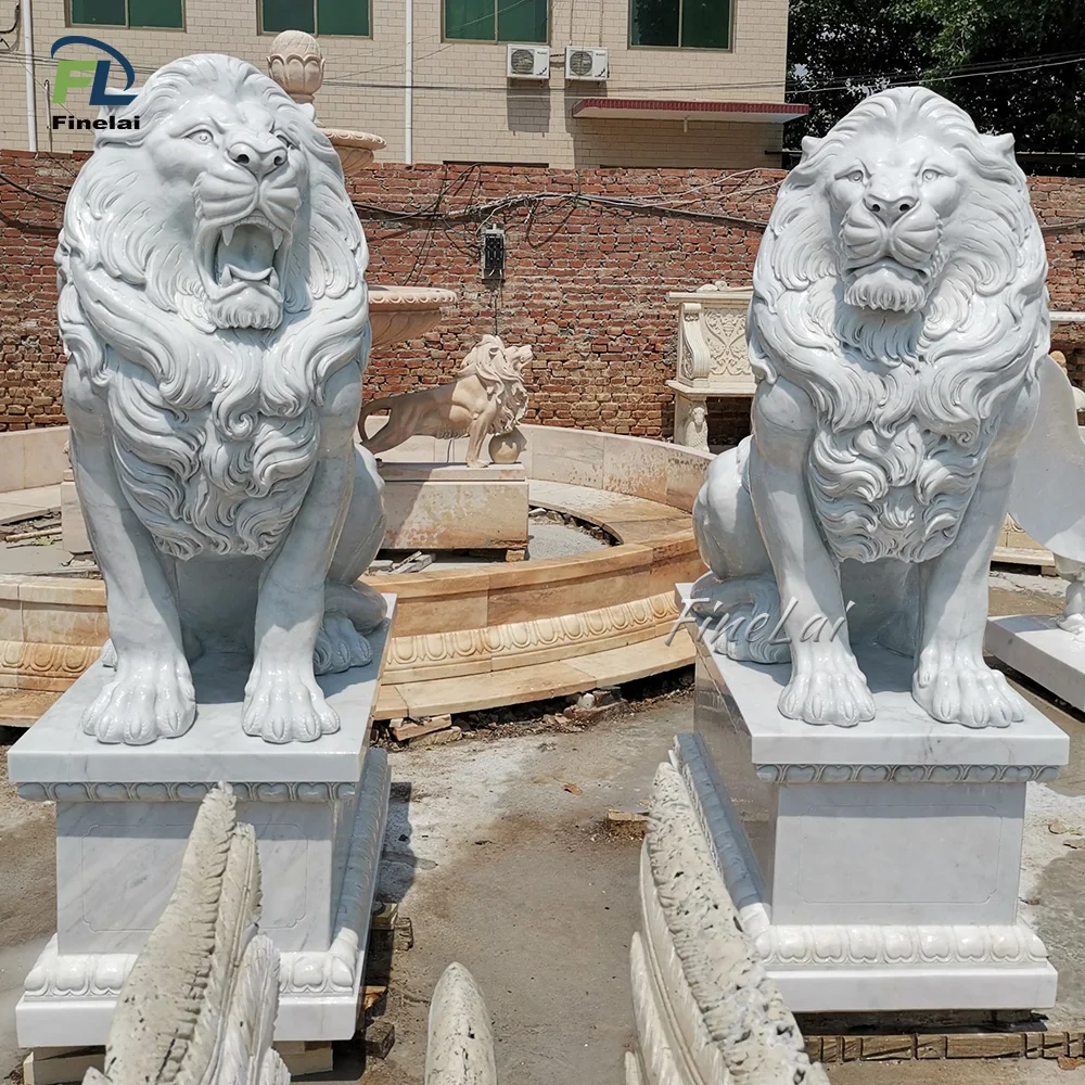 Outdoor Decoration Hand Carved Modern Garden Life Size White Large Marble Sitting Lion Statues For Sale
