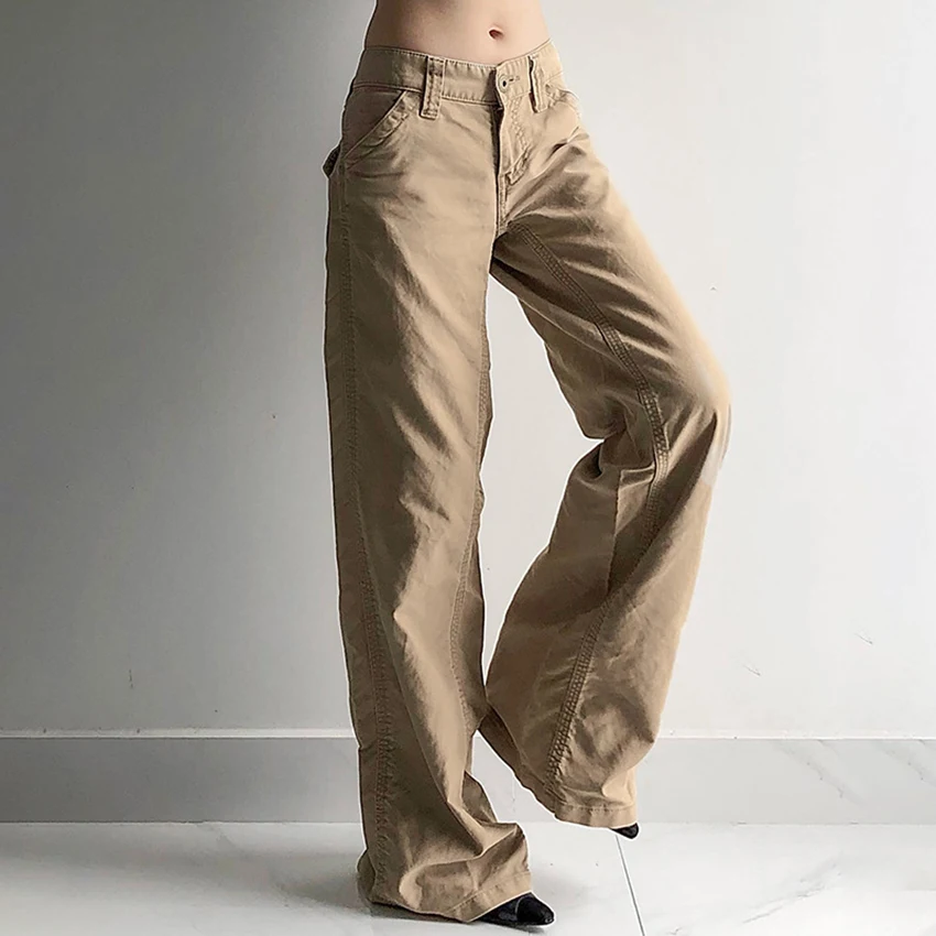 OOTN 2024 Street Style Minimalist Straight-Leg Pants Casual Fashion Low Waist Pleated Cargo Pants For Women Wide Leg Trousers