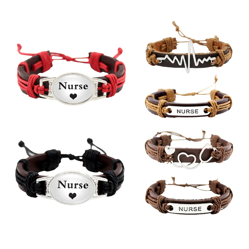 Manufacturer Genuine Leather Jewelry for Nurses Electrocardiogram ECG Medical Alert Stethoscope Nurse Leather Bracelets