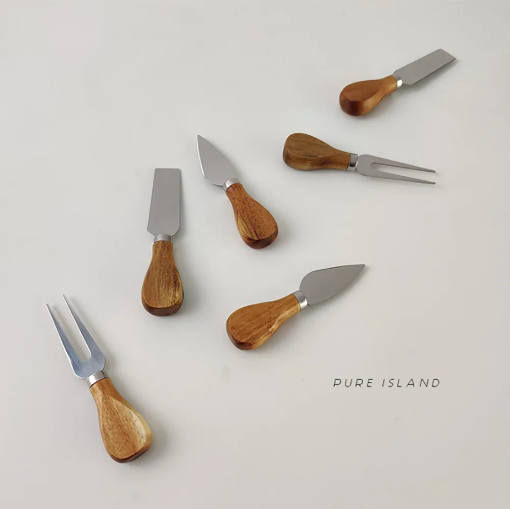 Xingye Oka Wood Handle  Cute 420 Stainless Steel 4pcs Restaurant Kitchen Cutlery Cheese Fork Flat Knife Cake Dessert Knives