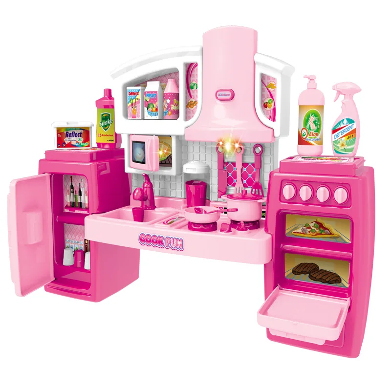children child girl happy kitchen cabinet toys cooking play house pretend set utensils kids led light