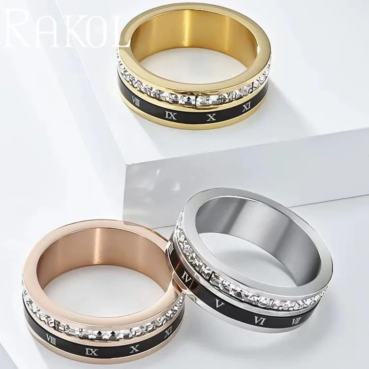 RAKOL ZPR1449 Korean Version Cross-border Full Set Zircon Rotatable Roman Numeral Stainless Steel Ring