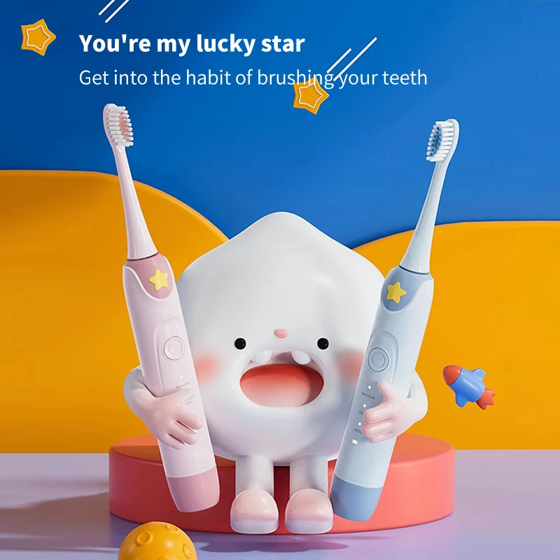 Оптовая продажа перезаряжаемая зубная щетка с мультипликационным принтом водонепроницаемая детская ультразвуковая датчиком давления для детей электрическая