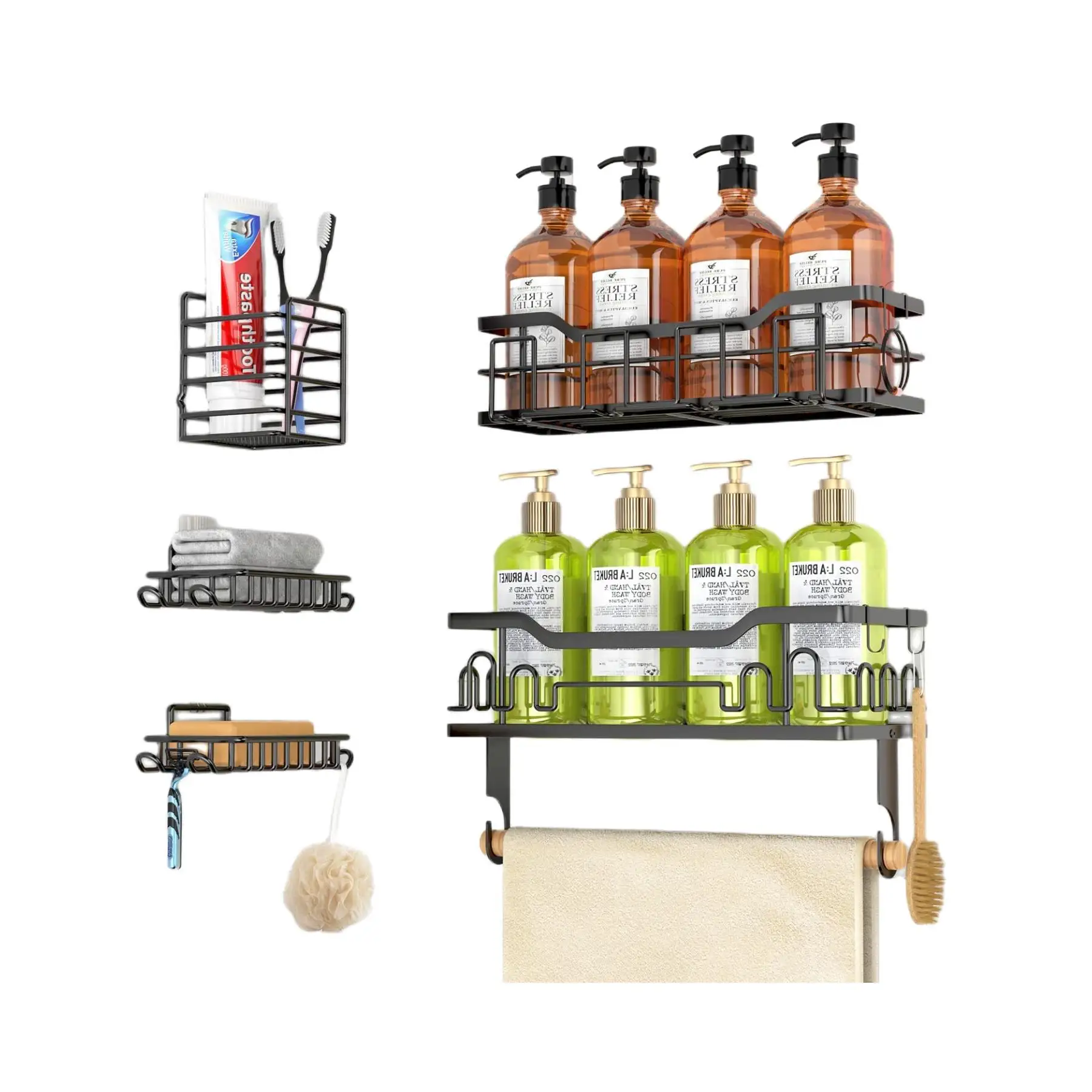 Shower Caddy[5-Pack] Adhesive Towel Rack Large Capacity, Rustproof Stainless Steel Bathroom Organizer Bathroom Shelf Black