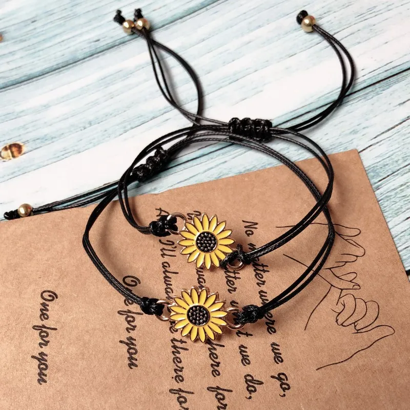 Handmade set of 2 bracelet with card Sunflower Charm daisy flower bracelet