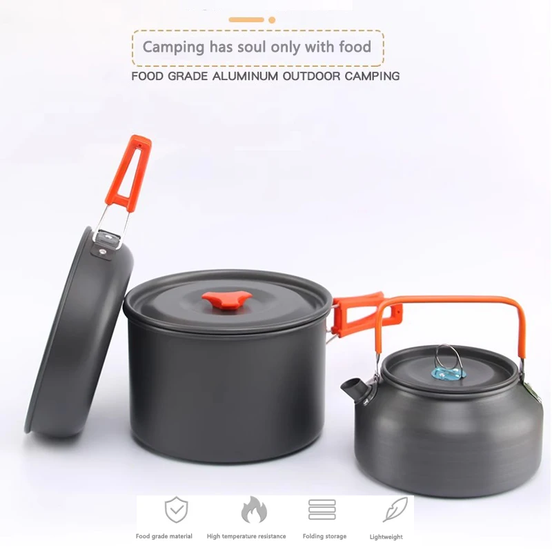 Factory Wholesale Multi-Color Outdoor Portable Cooking Pot Set Durable Ware Tea Pot and Pan Camping Cookware Sets
