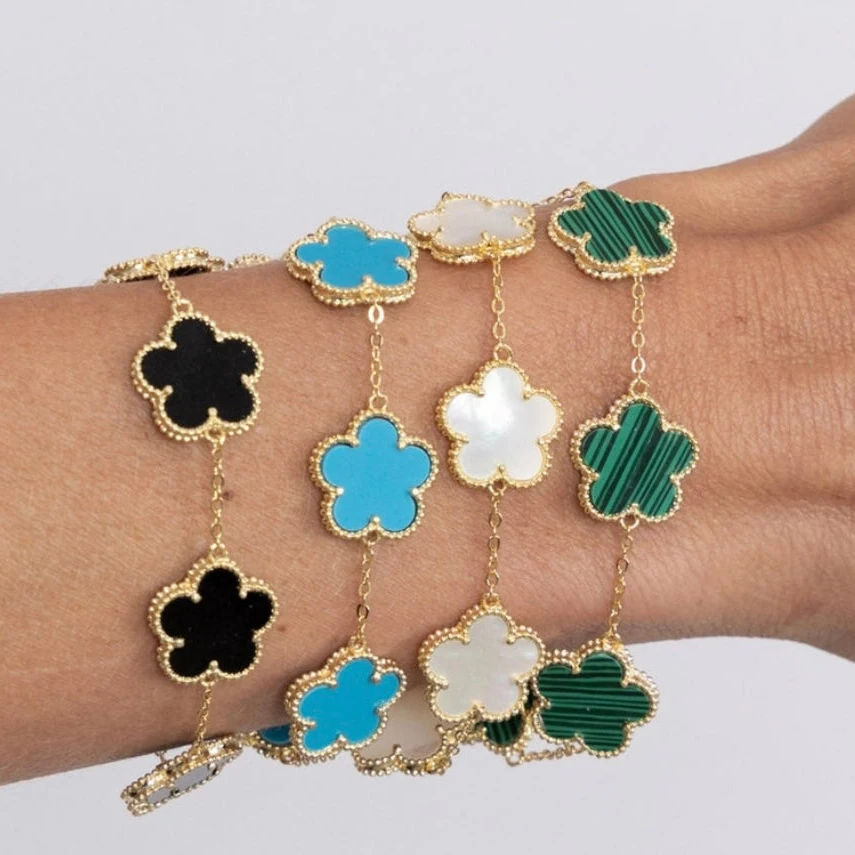 925 Sterling Silver Gold Plated MOP Malachite Turquoise Onyx Nature Stone Hawaiian Flower Bracelet