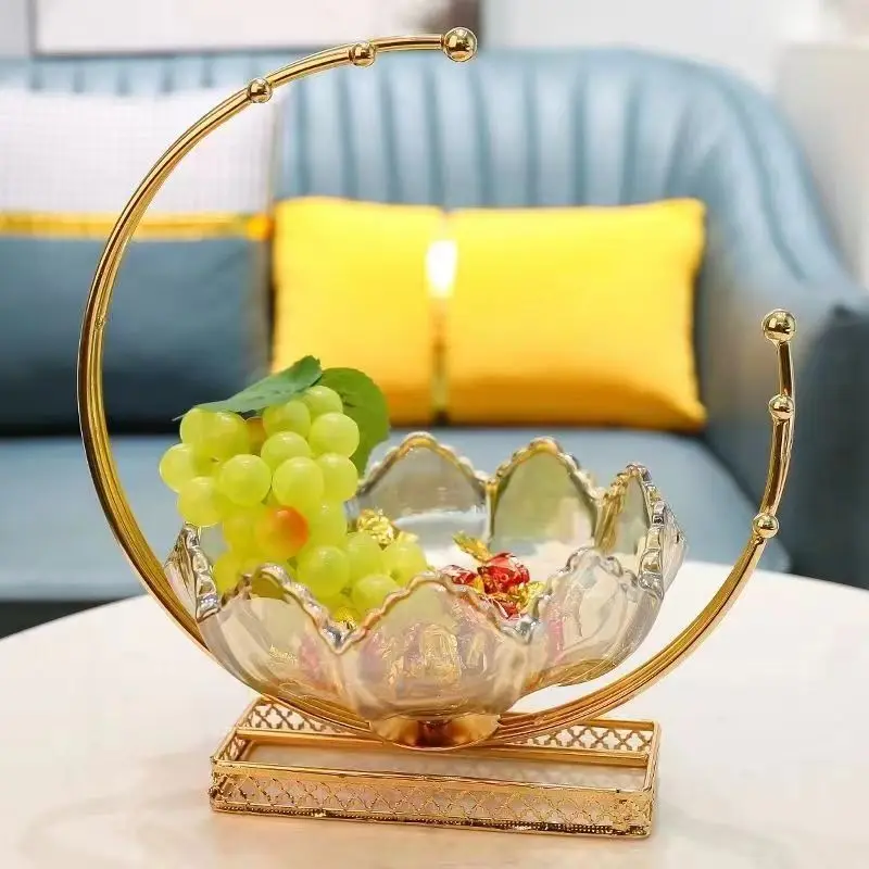 Light luxury European style glass dry fruit plate, home living room tea table,  decorative metal moon fruit plate ornaments