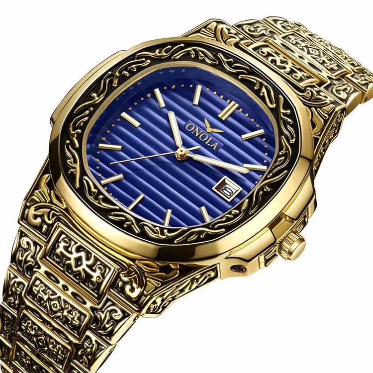 Onlola low moq business men watch with stainless steel golden metal band ready to ship 1pcs