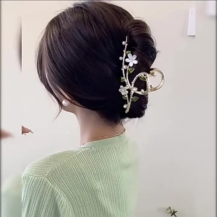 Fashion  Gold Stone Diamond Pearls  Branch Flower Catcher Clips Alloy Metal Hair Accessories Wholesale Hair Claw Clip