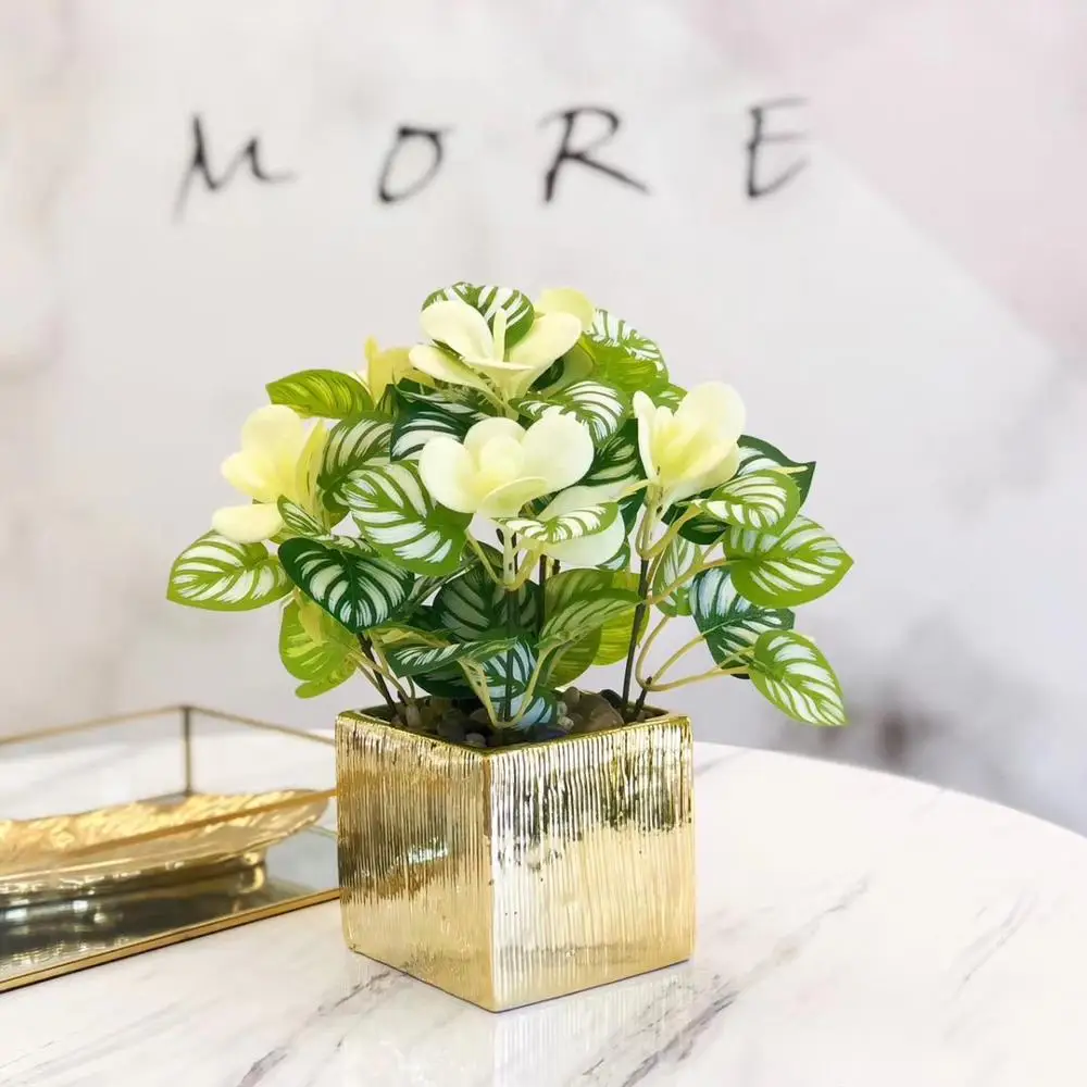 
Popular Europe Simple Style Faux Mini Gold Electraplated Potted Plants Artificial Cactus And Succulent In Ceramic Pot 