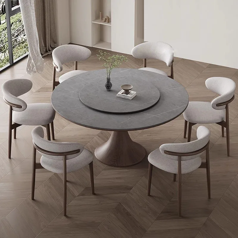 Modern simple solid wood rock plate round table with turntable dining table and chair set walnut color solid wood round table