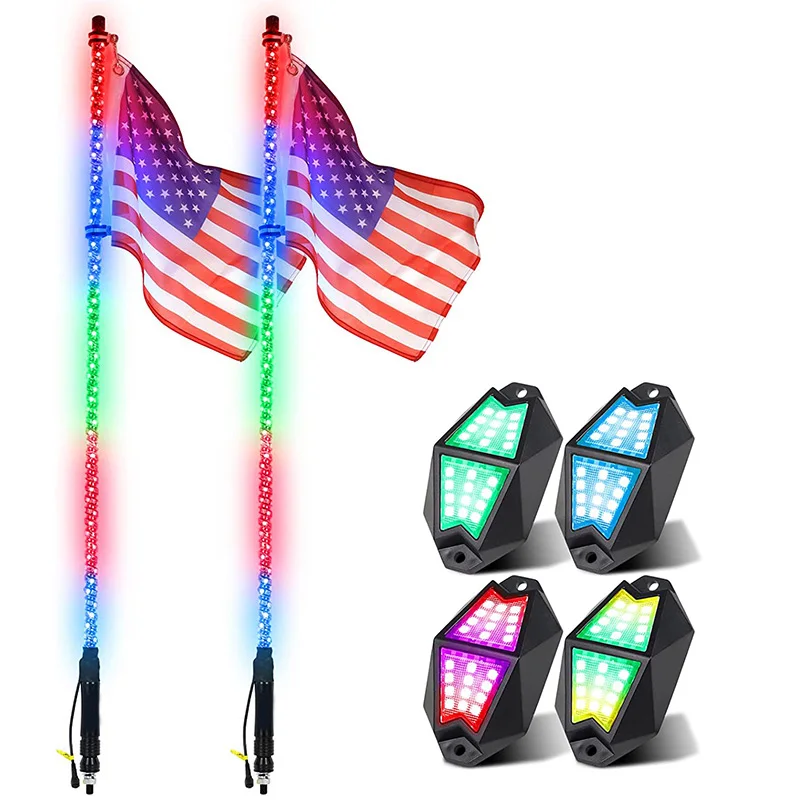 3ft LED Whip and 4pods Rock Lights Combo Kit Chase Moving Brake Turn Signal Flashing Strobe for ATV UTV RZR Can-Am SxS Sand Dune