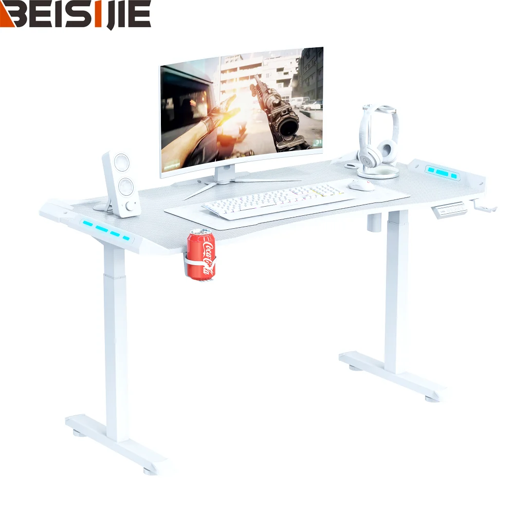 Beisijie Furniture Gamer RGB Gaming Desk OEM White Adjustable Gaming Desk Modern Esport Stand Gaming Table