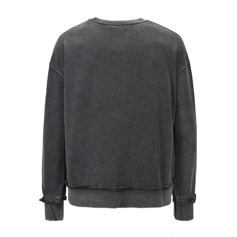 Wholesales Mens Fashion High Street Washed Stone Round Neck Sweater Mens Vintage Batik Plain DK Grey Long Sleeve Hoodies Sweater