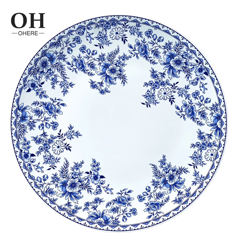 Dinner Plate with Blue&White Flower Porcelain Charger Plate Dish Wholesale Ceramic Dinner Det for Weeding&Rental&Party