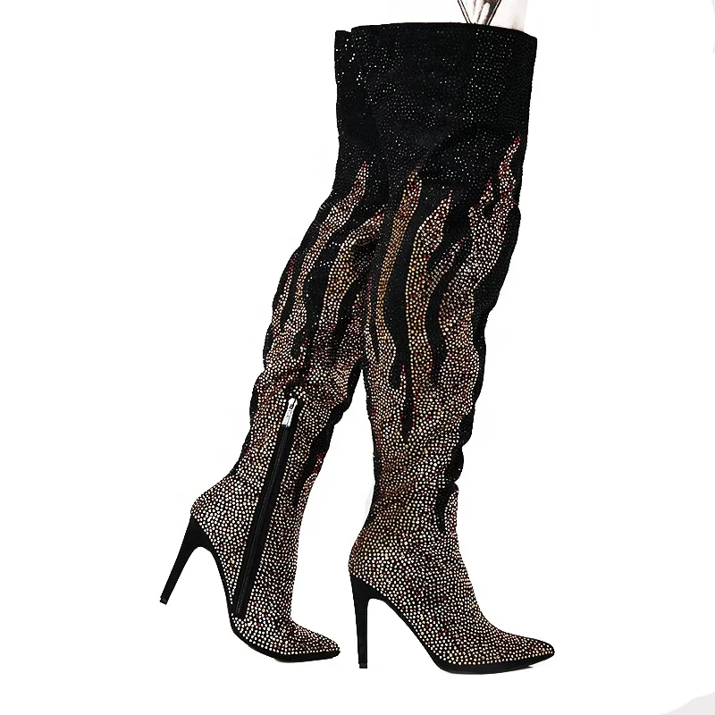 New arrival rhinestone thigh high stiletto boots for women and ladies factory wholesale