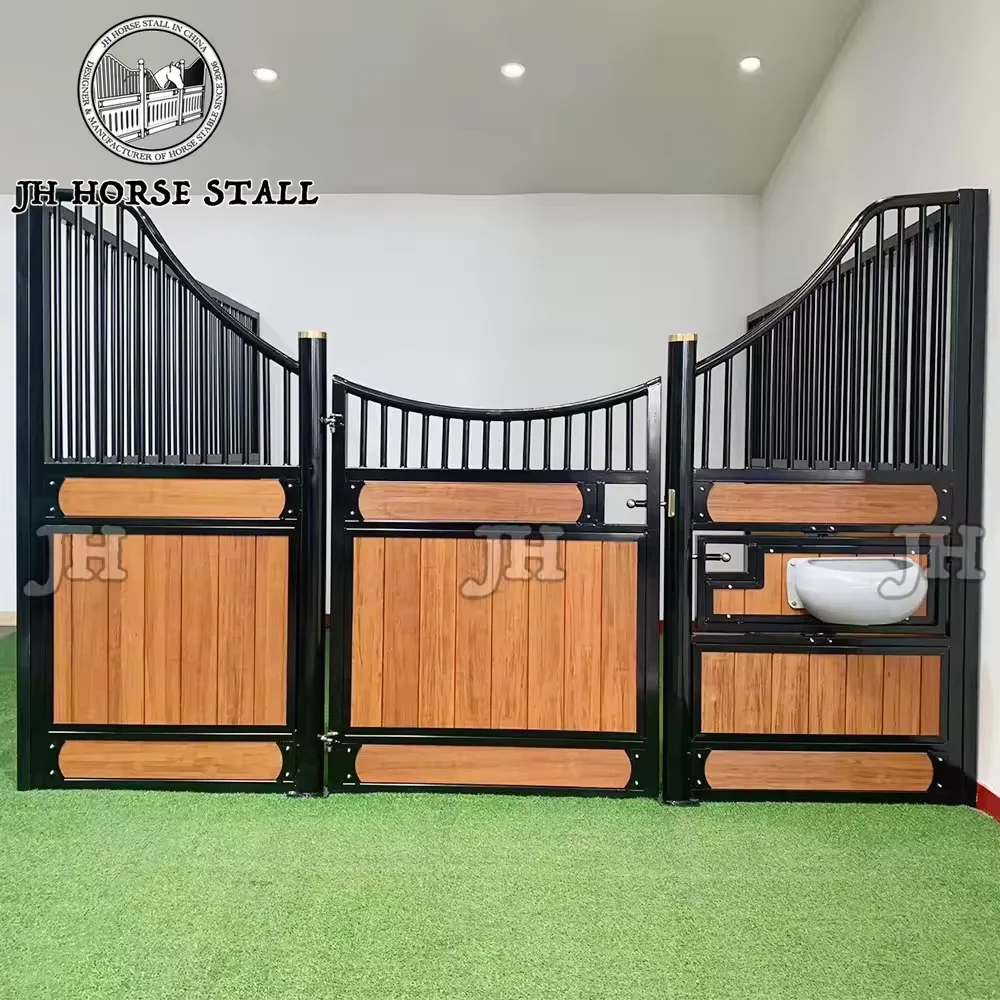 Factory Direct Sale Bamboo Infill Indoor Horse Stall Front with Hinged Door and Swivel Feeder 10ft 12ft 14ft