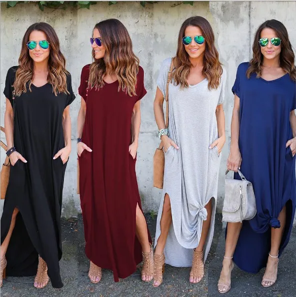 Summer Women Casual Loose Cotton Maxi Long Tshirt Dress With Slits And Pockets