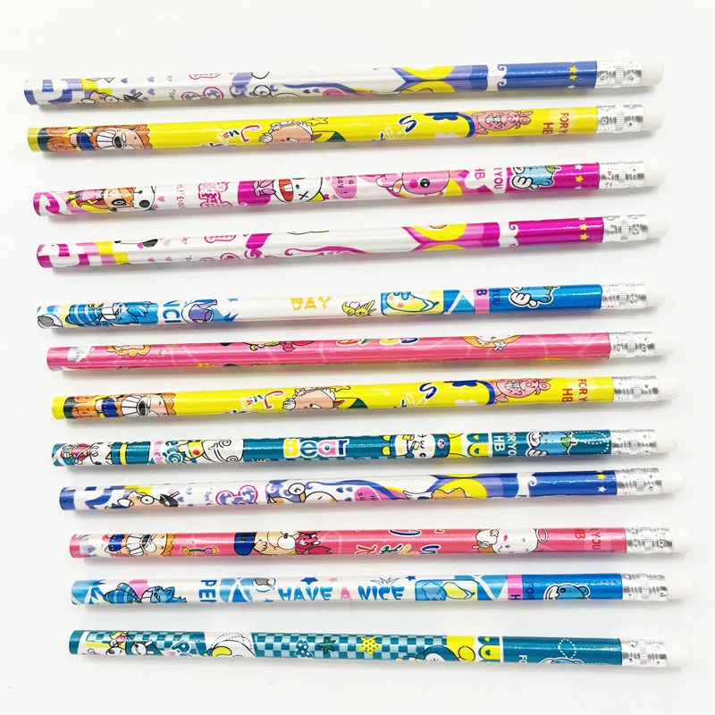 Customized Logo 7 Inch Cartoon Printed Personalised Pencil Custom Printed Pencil Brand HB Wooden Pencil with Eraser Set