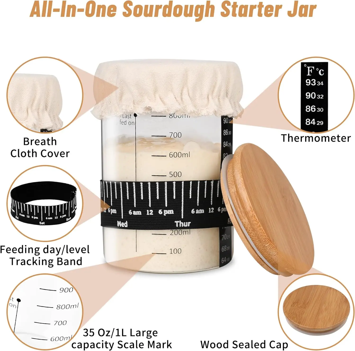 Sourdough Starter Jar Kit- 35 Oz Large Sourdough Starter Glass Jar with Date Marked Feeding Band Thermometer Spatula Cloth Cover