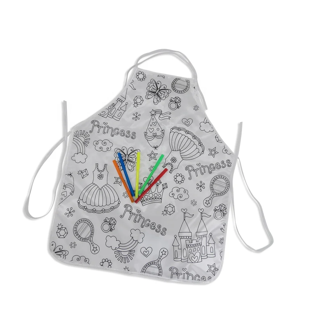 New Fashionable Design Creative DIY Painting Apron with Cartoon Patterns for Kids + 5 Color Pens for Drawing and Sketching
