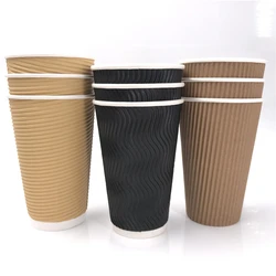 Wholesale Red OEM Double Wall kraft Ripple Paper Cup 12OZ 16OZ Ripple Wall Paper Cup Disposable Coffee Paper Cup